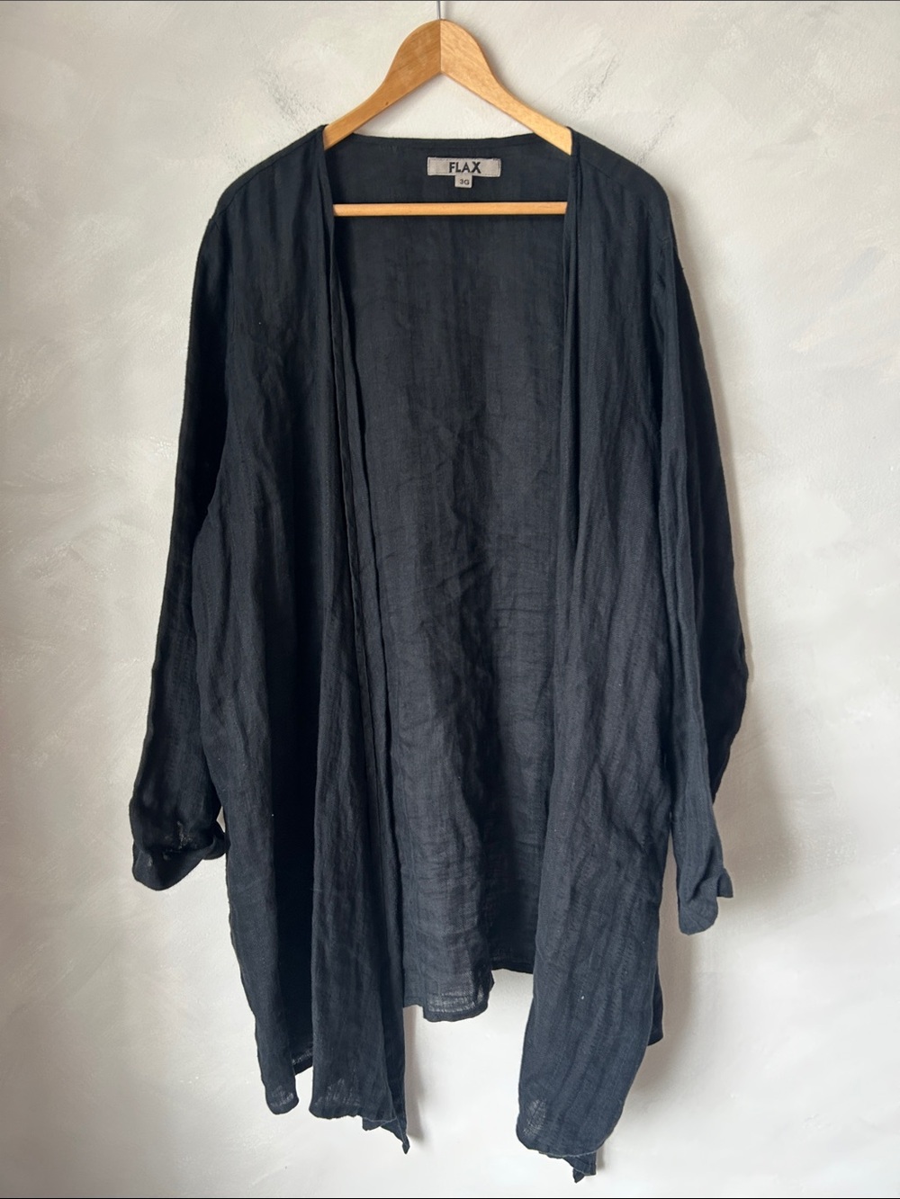 FLAX black linen open-front cardigan jacket duster 3G asymmetrical size 24, 26